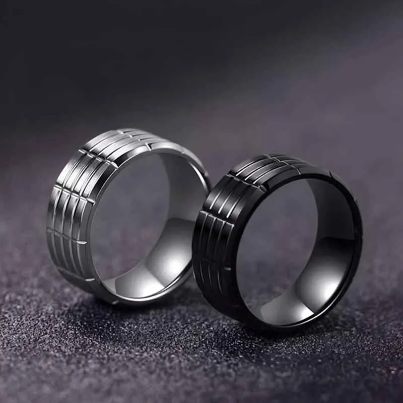 8mm Classic Irregular Geometry Black Men's Ring Surface Cut Stainless Steel Ring Women's Wedding Ring Couple Jewelry Accessories