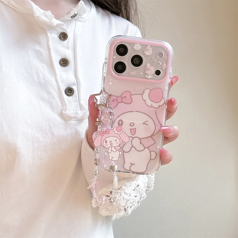 

Korean Cute Strawberry Melody With Chain Silicone Phone Case for iPhone 17 16 15 16 Pro 17 Max Cover Cartoon Cinnamoroll Cases