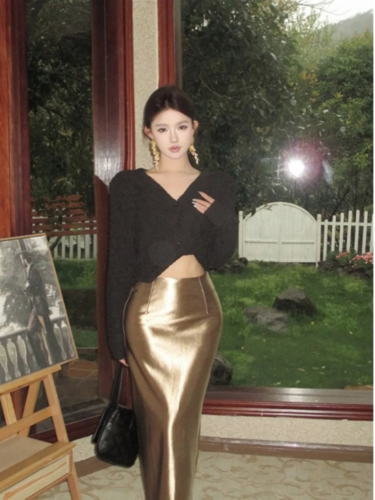 

2026 New Long Sleeve V-Neck Open Cardigan Satin Feel Chinese Style Half Skirt Fashion Set High-End Sensation Gold Color