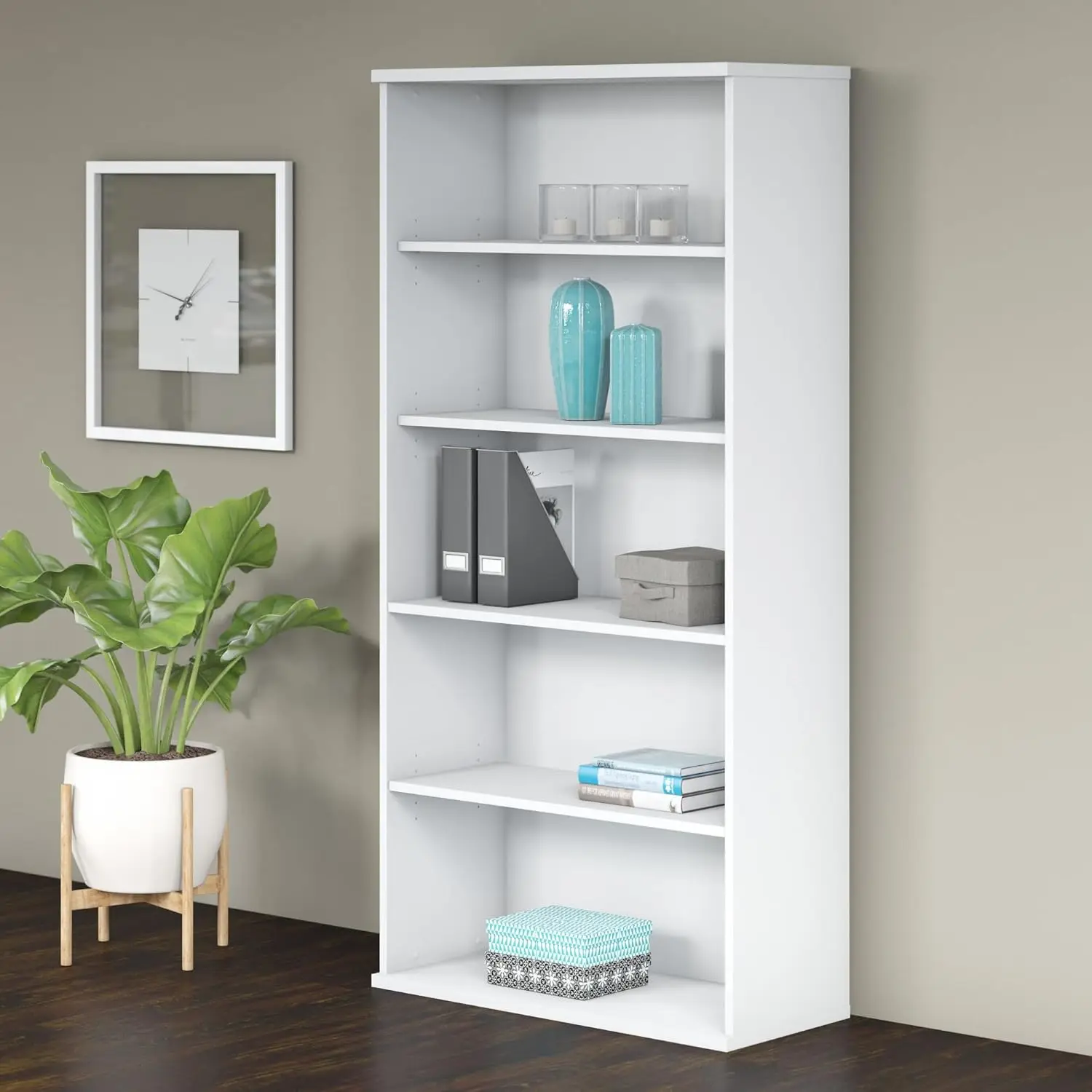 Furniture Studio C Tall 5 Shelf Bookcase in White, Large Bookshelf for Home or Professional Office