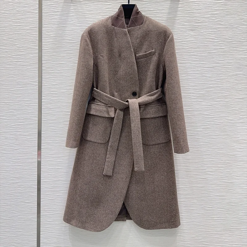 

High-quality twill wool mid-length women's coat with collar and adjustable waist stylish and elegant fit trench 25101176