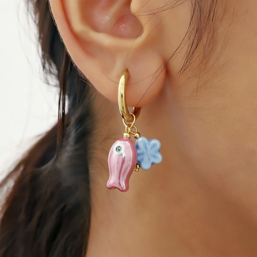 Cute Fish Shaped Drop Earrings with Stainless Steel Hoops Heart And 5-Petal Ceramic Flower Retro Dopamine Personalized Ins Style