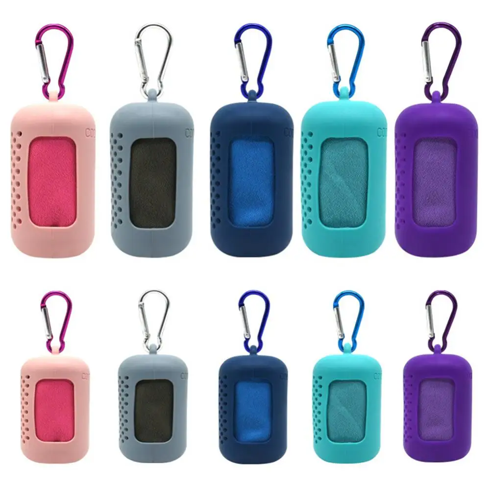 Silicone Case Quick Dry Towel Keychain Microfiber Gym Cycling Beach Sports Cooling Shower Bath Towel Swim Towels Hand Face Towel