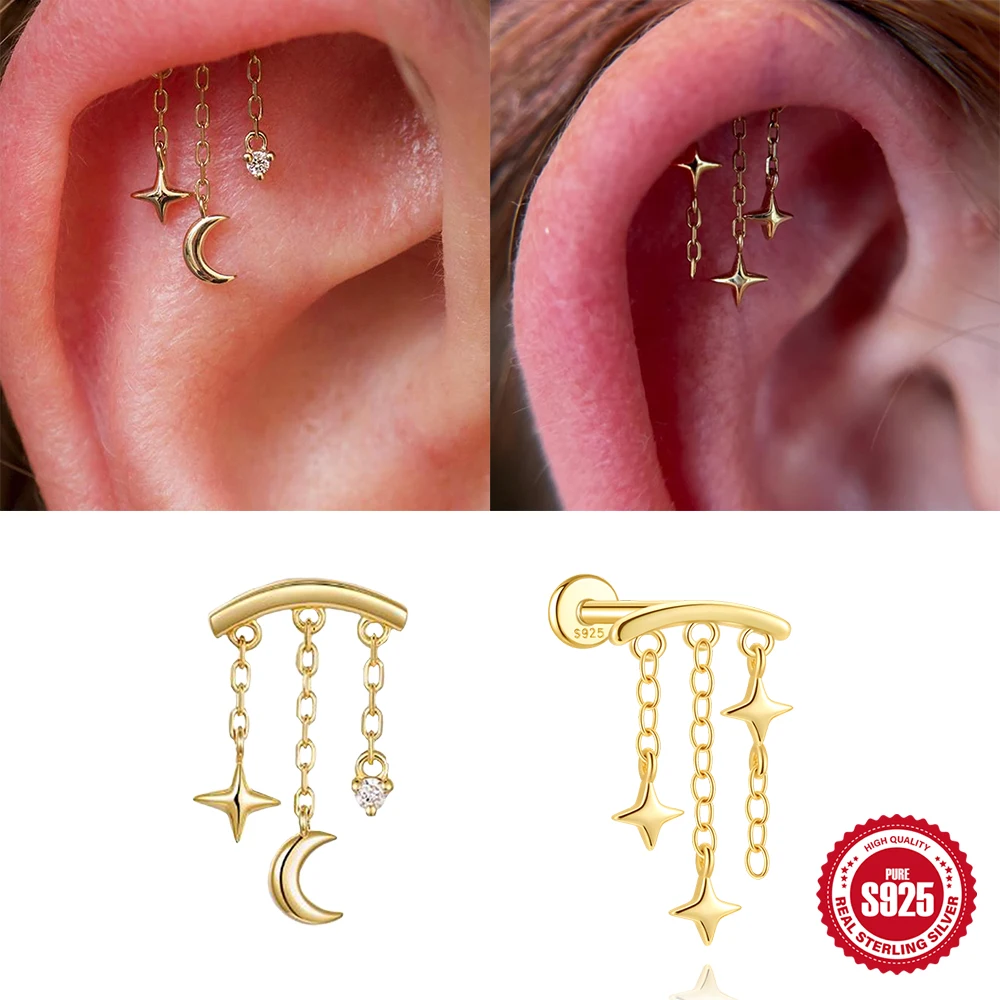 

BOAKO Star Moon Chain Tassel 925 Sterling Silver Shiny For Woman Piercing Earring Fashion Dainty Luxury Style fine jewelry