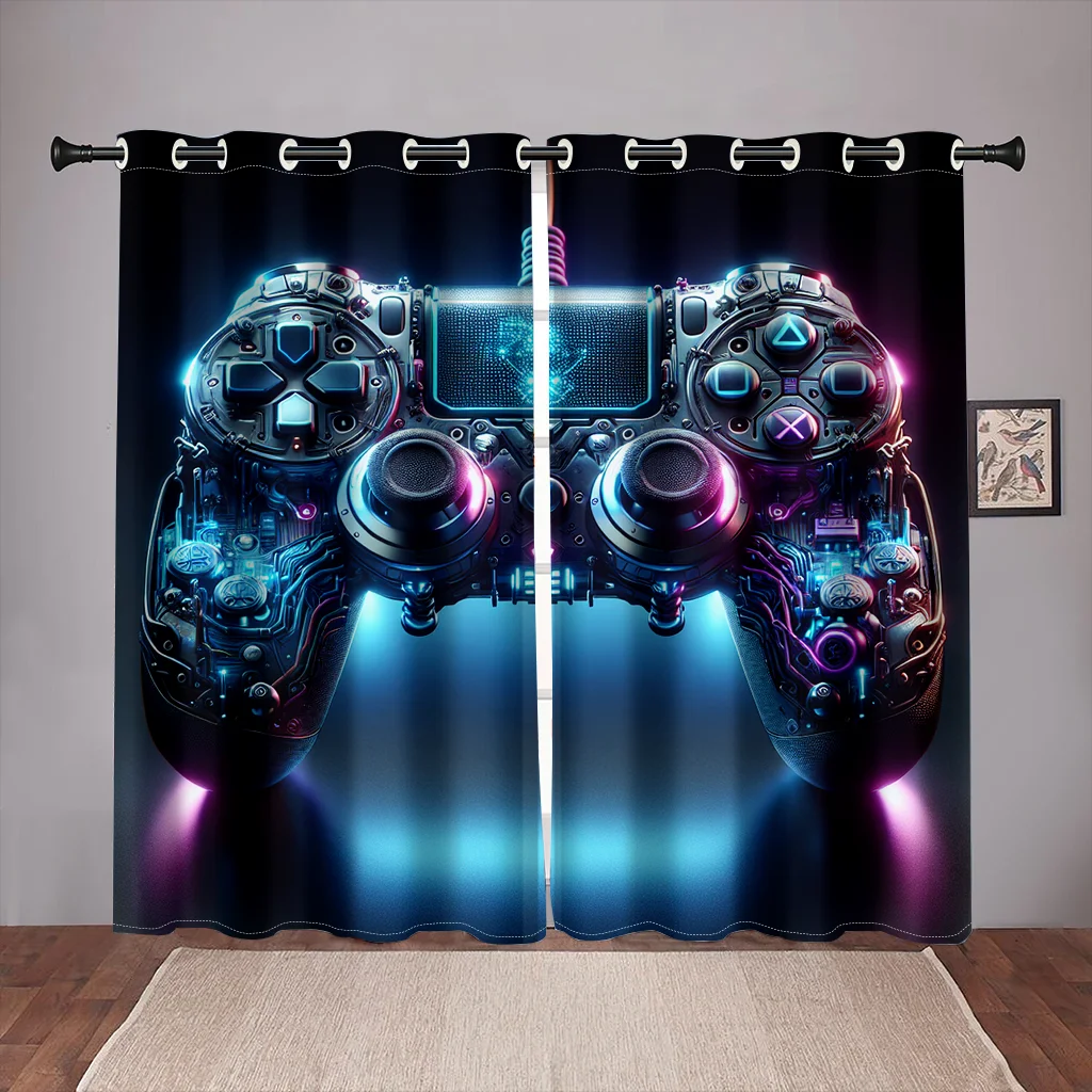 

2 Pcs Cool Gaming Controller Curtains Neon Blue Purple Digital Print Bedroom Living Room Window Decoration Art Curtains