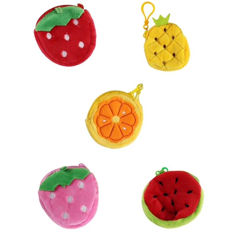 Mini Coin Purse Cute Change Purses Cartoon Fruit Coin Pouch with Plastic Lobster Clip Cute Plush Keychain Coin Purse