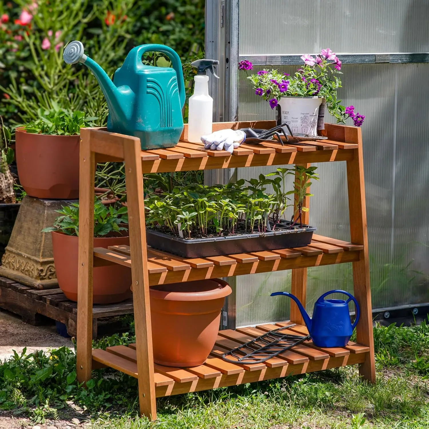 Three Tier Outdoor Wooden Flower Stand, Weather Resistant Meranti Wood Plant Display Shelf, Vertical Multi Layer Garden Storage Organizer Rack For Patio Backyard Balcony Sunroom, Natural Brown