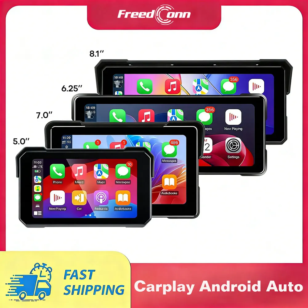 

GPS-навигатор Freedconn для мотоциклов с экраном, поддержкой Android Auto и беспроводного CarPlay, портативная цифровая приборная панель, водонепроницаемая.
