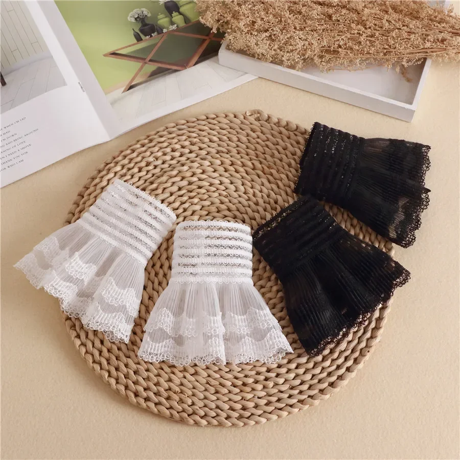 Women Detachable Sleeve Fake Cuffs Female Lace Thin Pleated Flare Sleeve False Cuffs Ruffles Wristband Decorative Accessory