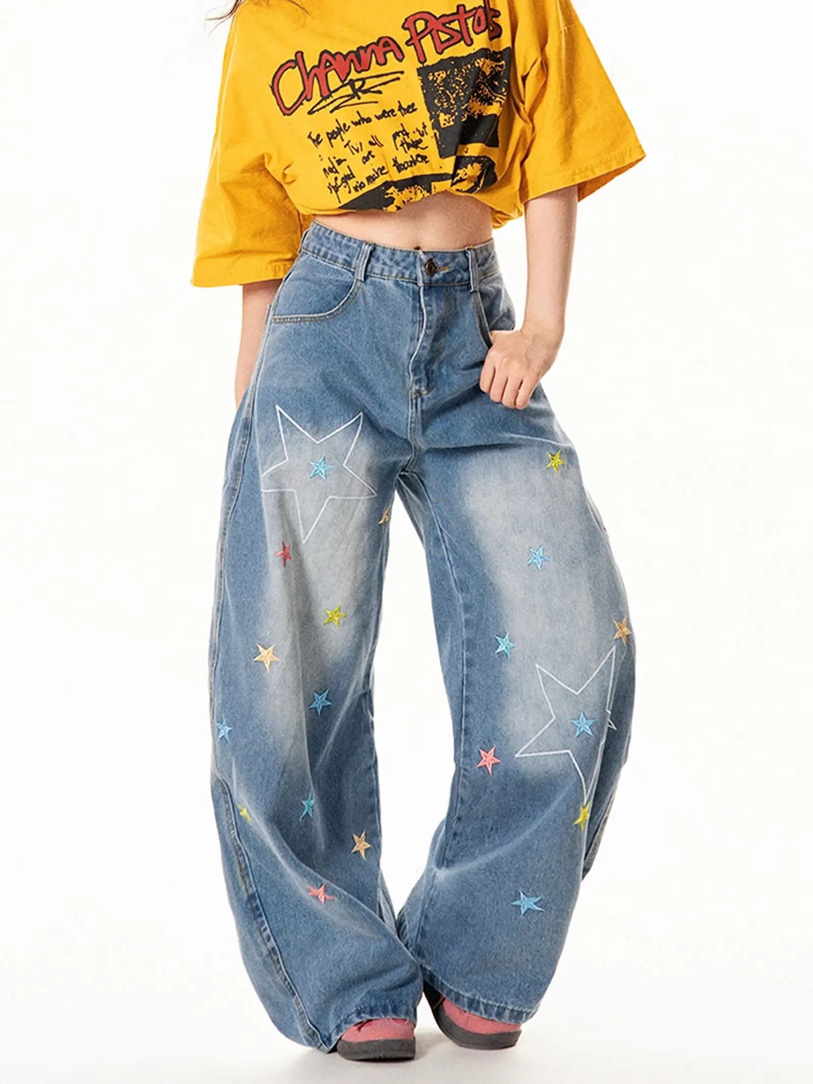 

Y2K Vintage Mottled Embroidered Star Pattern Baggy Jeans Women's High Waist Wide Leg Jeans Women's Harajuku Trendy Hip-hop Jeans