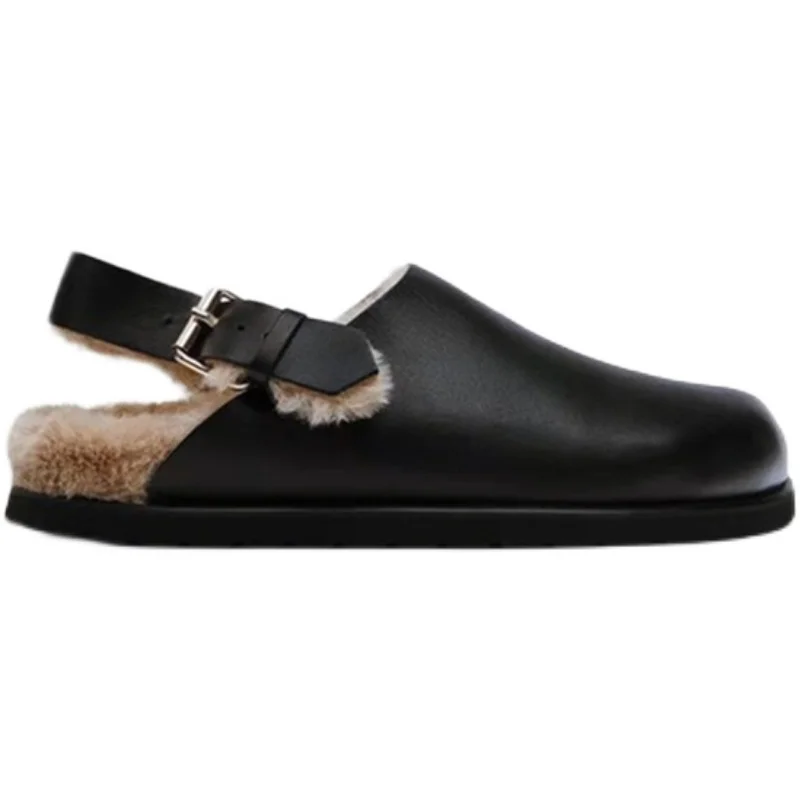 Korean Fashion Women\'s Shoes Black Leather Slingbacks Shoes Thickening Fur Casual Lazy Half Slippers Woman Loafers Zapatos Mujer