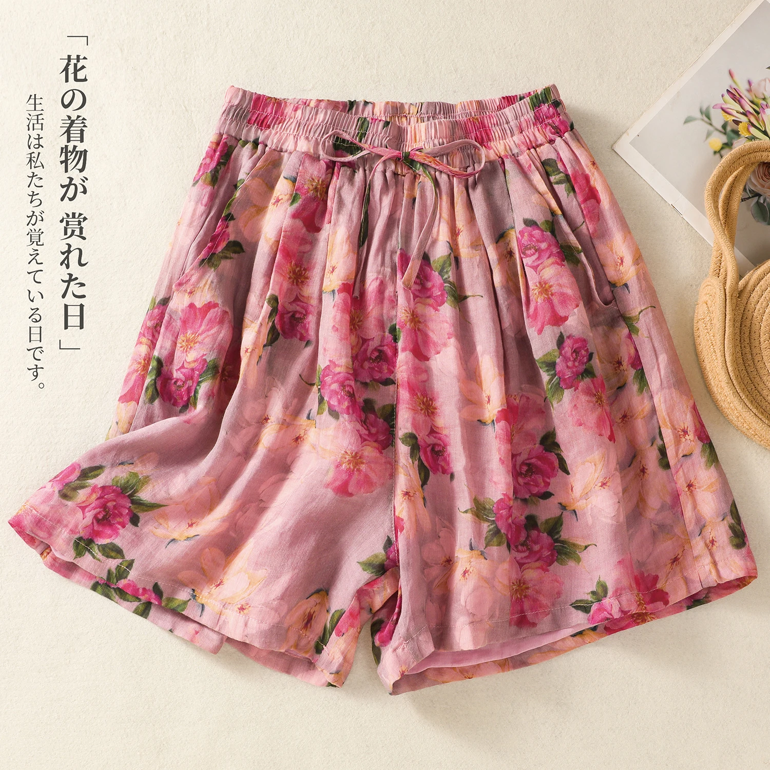 

Vintage Women's Floral Printed Cotton Linen Shorts With Pocket Casual Loose Boho Style Pink Purple Shorts