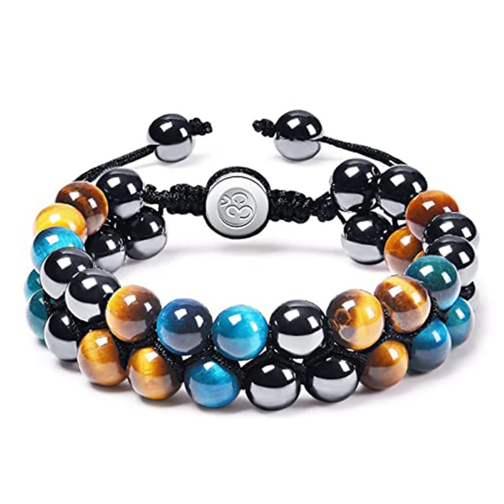 

Blue Natural Tiger Eye Black Magnetite Bracelet Double Layers Hand Woven Healthy Energy Onyx Double Row Bracelet for Men Jewelry