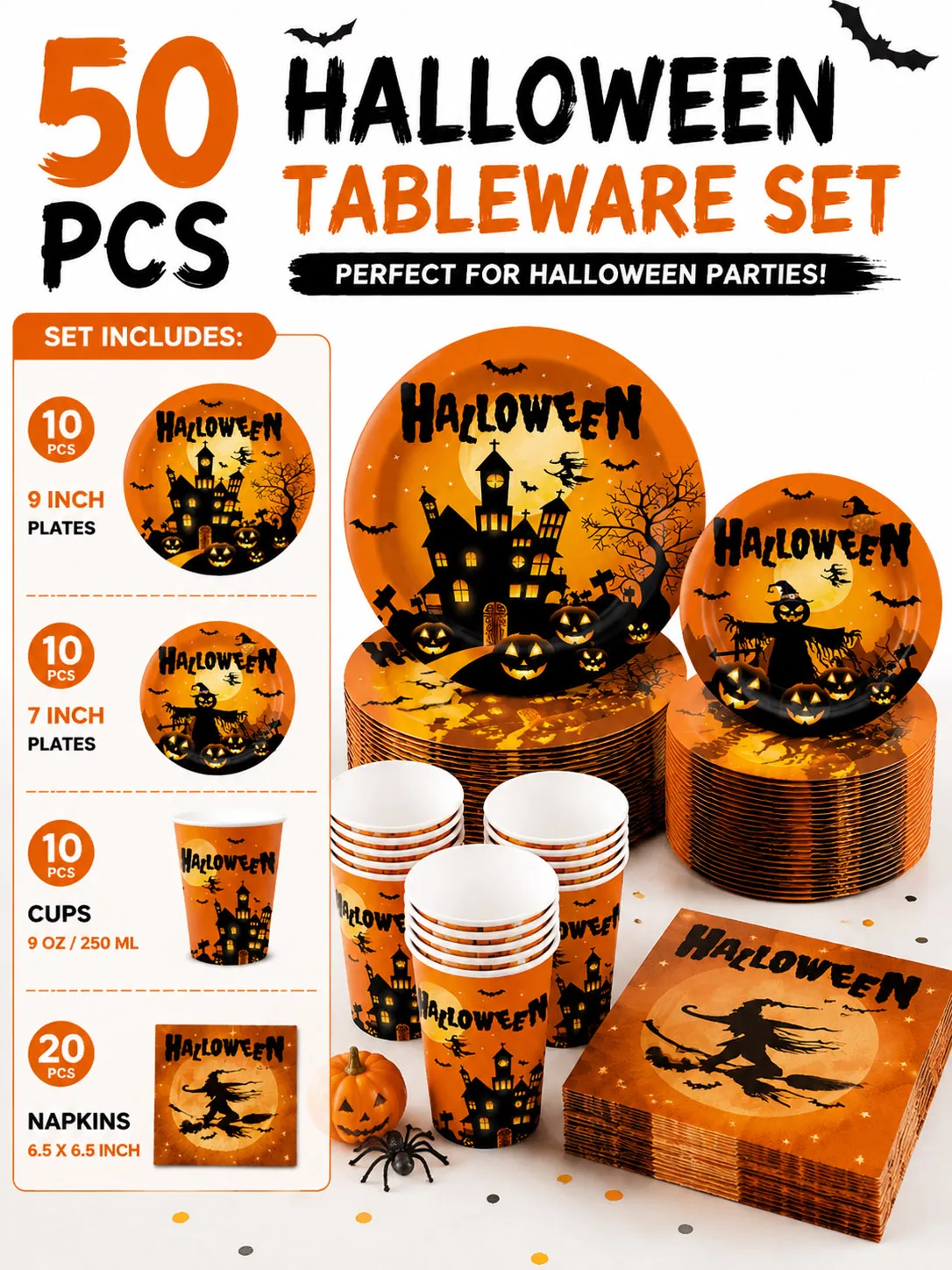 50-teiliges Halloween-Geschirrset, Hexen-Geisterhaus-Kürbis-Teller, Tassen, Servietten für Kinder, Halloween-Party-Dekoration, Zubehör