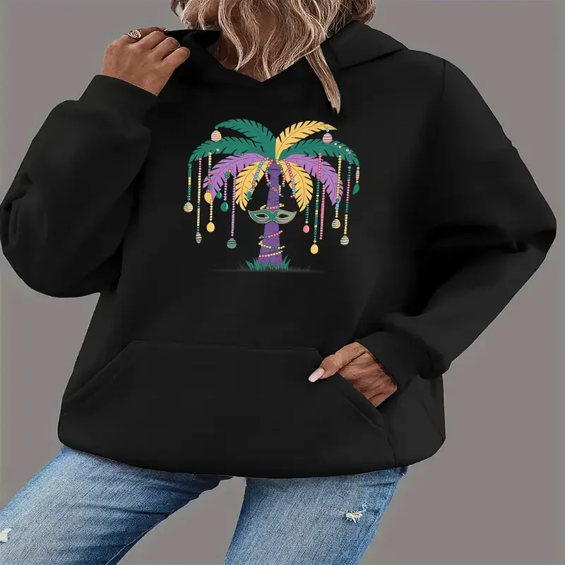 Womens Casual Hoodie Vibrant Masked Tree Graphic Daily Wear Kangaroo Pocket Lightweight Wear Autumn Winter Season Sportswear