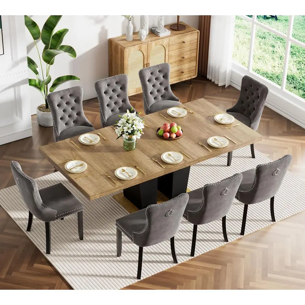 9-Piece Expandable Dining Set with 8 Gray Velvet Chairs and Brown Wood Legs