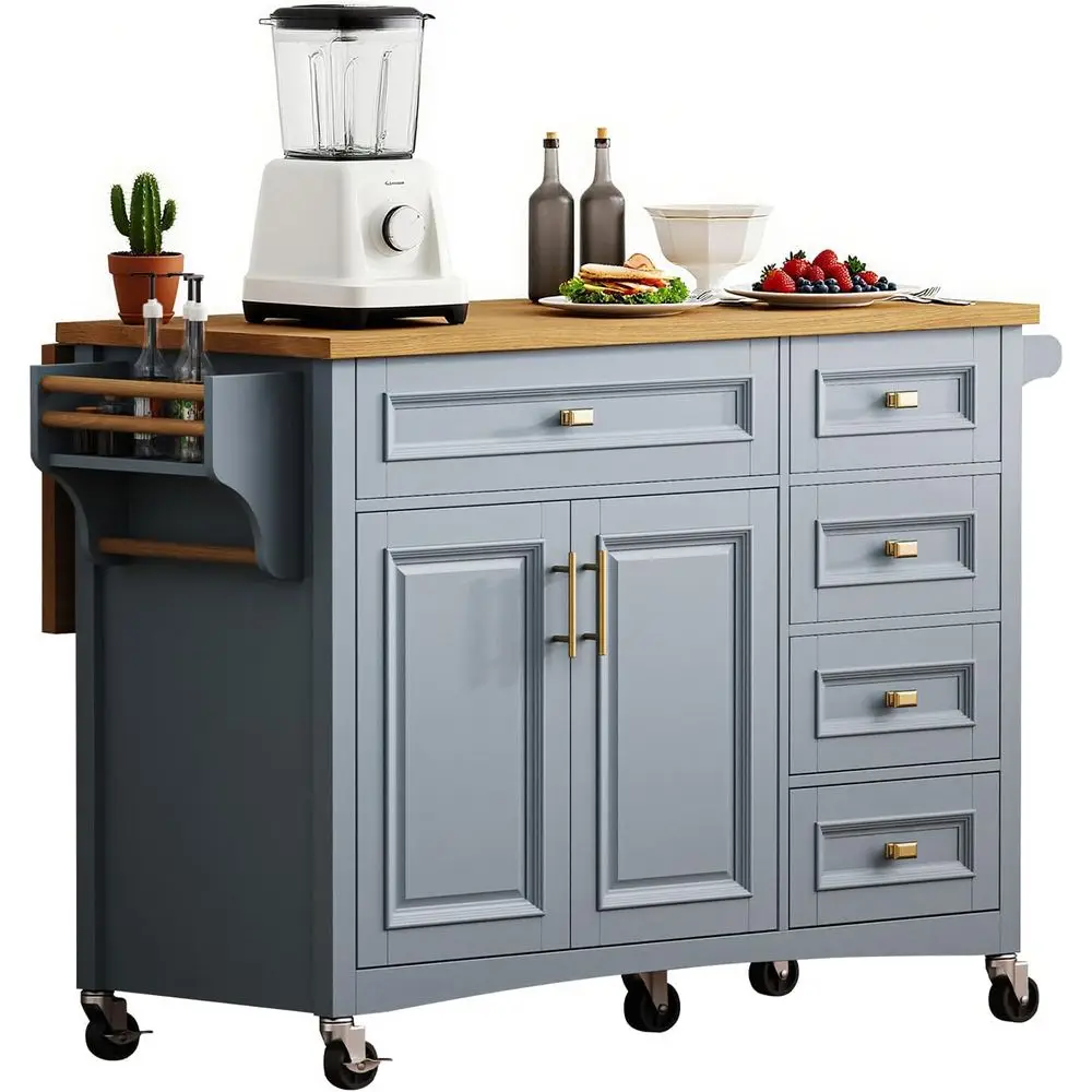 

Blue 52 Vintage-Style Kitchen Island with Storage, Drop Leaf, Adjustable Shelves, and Oak Veneer Top