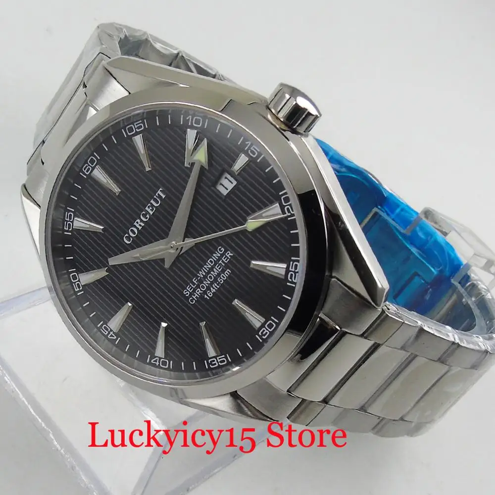 CORGEUT 41MM Wristwatch Round Case NH35A Automatic Men Watch Date Adjustment Blue Dial Sapphire Glass Mental Strap