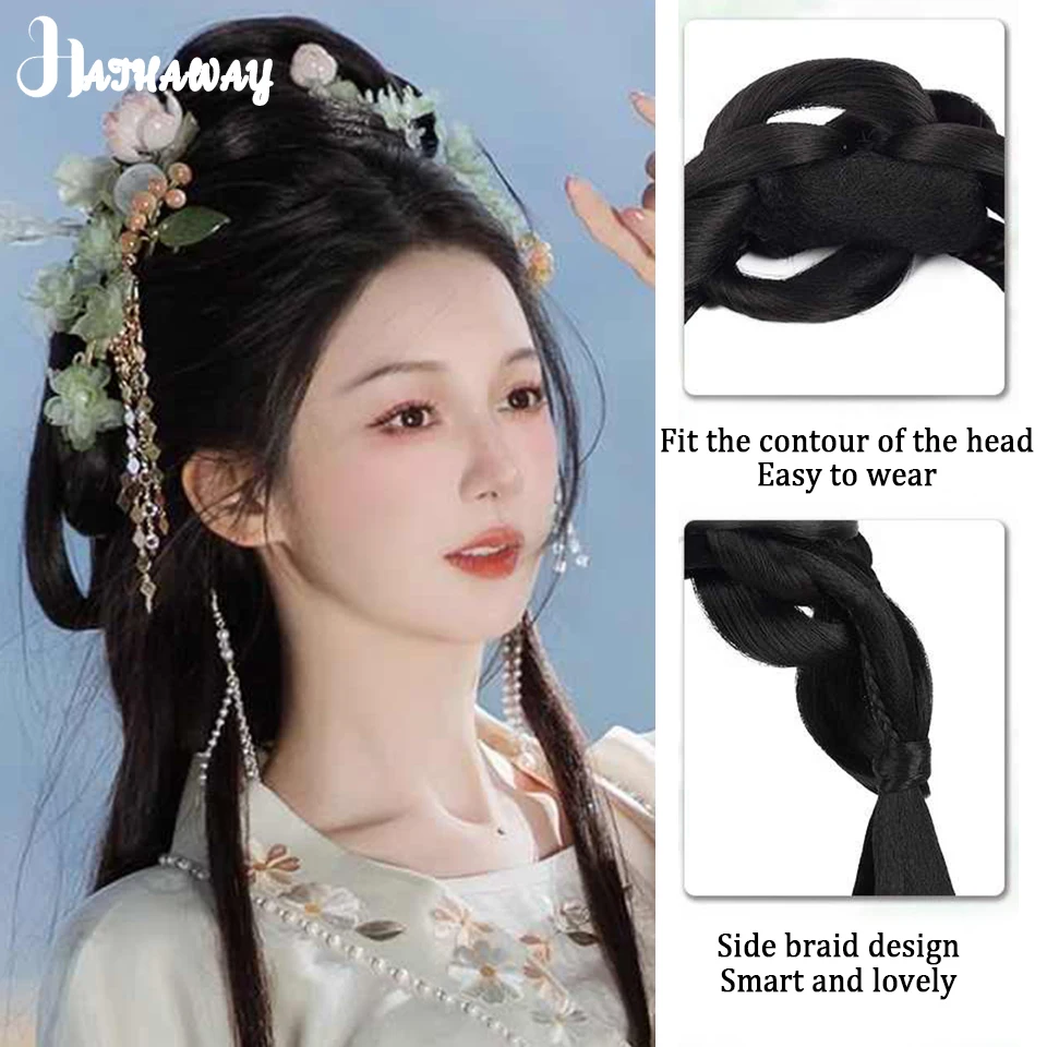 Hanfu Wig satu potong sintetis, kostum Wig hiasan rambut, Wig tas rambut Sanggul antik gaya pengantin dalam Ming dan lagu, pakaian wanita