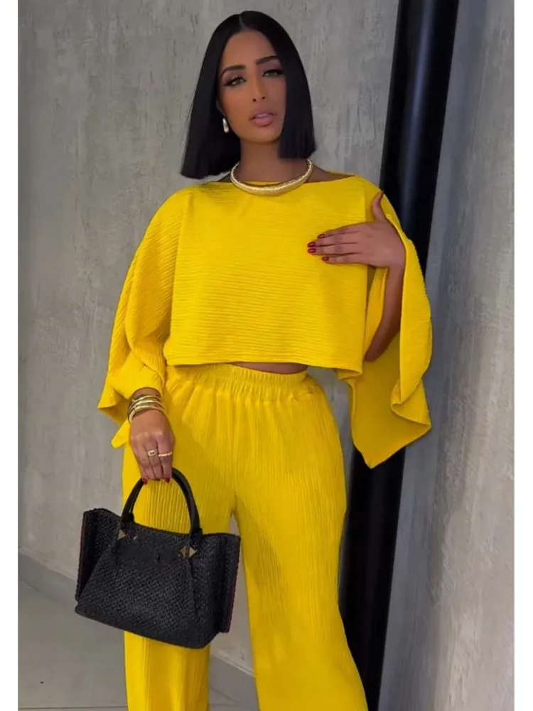 

Yellow Casual Two Piece Pant Sets Women Batwing Sleeves Skew Collar Tops+ Wide Leg Pant Party New In Matching Sets Outfits 2025