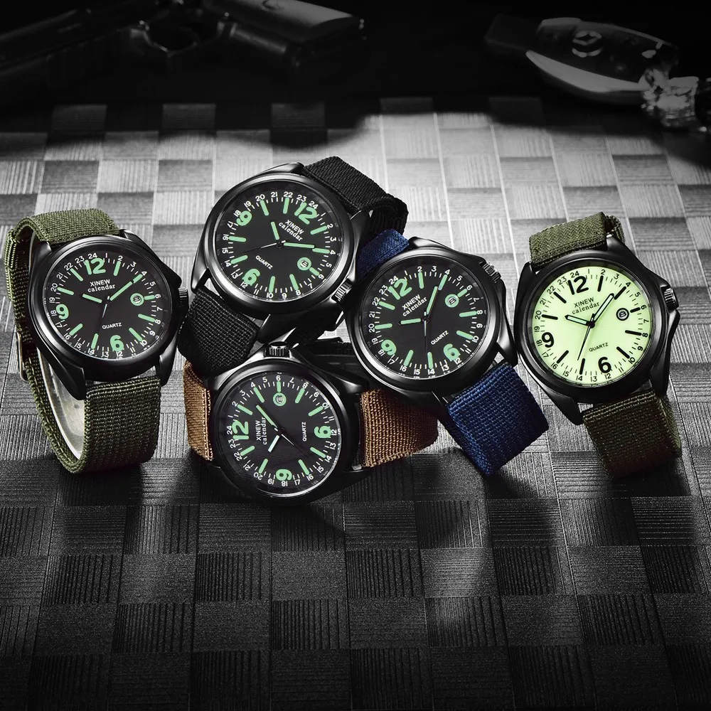 Luxury Watches Men Quartz Watch Leather Strap Round Dial Army Movement Date Green Luminous Modern Digital Men'S Watch