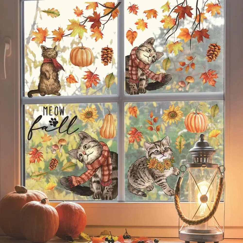 Maple Leaves Window Sticker Reusable Autumn Decal Vibrant Autumn Window Stickers Cat Pumpkin Maple Leaves for Thanksgiving