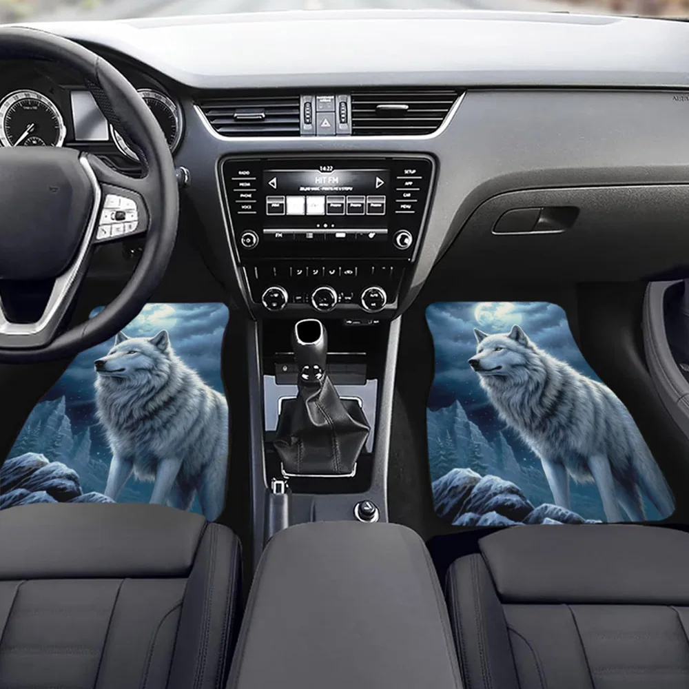 Wolf-Themed Anti-Slip Car Floor Mats - Fit, Front & Rear Seat Protection, Durable Polyester, Stylish Auto Interior Accessories