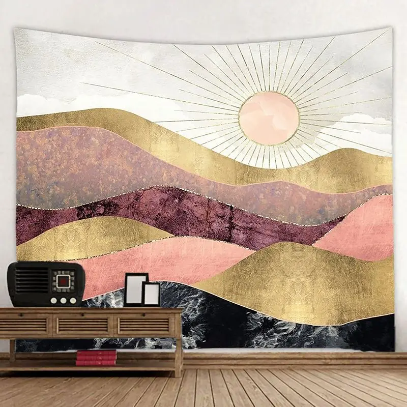 VIKAMA Modern Abstract Sunset Mountain Tapestry, HD Wear-Resistant Background Cloth for Contemporary Living Room Decor