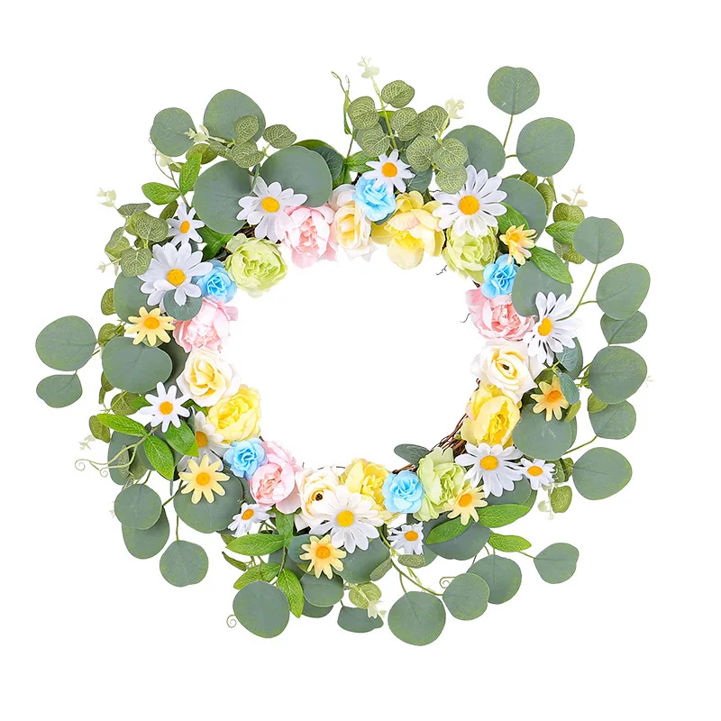 Spring Simulation Flower Daisy Wreath Summer Colourful Rose Wreath Door Hanging Outdoor Patio Decoration