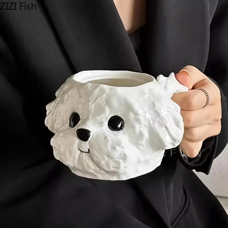 Taza bonita con forma de perro de peluche, taza de cerámica y platillo, mesa de comedor, taza de café, tazas de té de la leche, taza de té de la tarde, contenedor de jugo de fruta