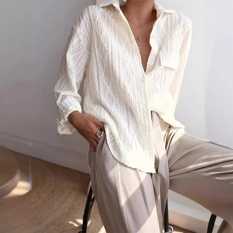 Female Solid Color Casual Shirts Fashion Turn-down Collar Long Sleeve Loose Blouse Elegant Temperament Commute Jacquard Cardigan