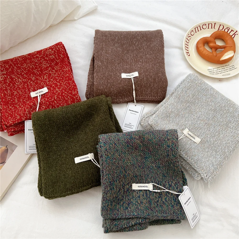 

100% Wool Neck Scarves Man Women Winter Vintage Beige Green Blue Red Knitted Scarf Man Scarves Gifts for Women Accessories