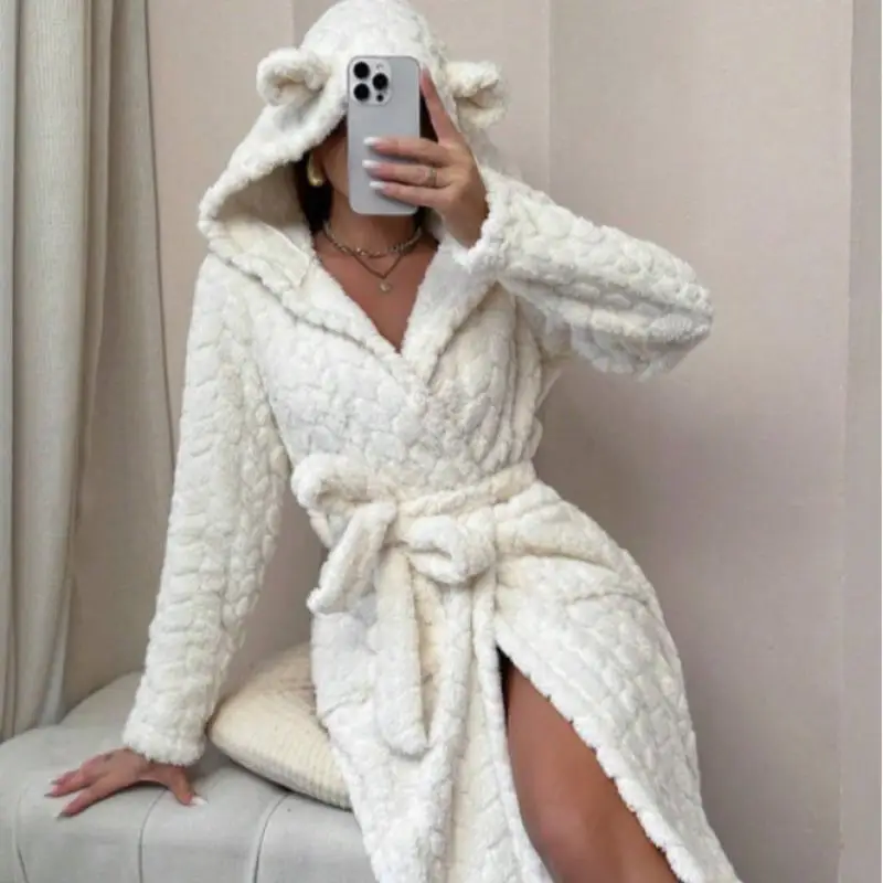 Fluffy Warm Hooded Nightgown Winter Robe Women Sleepwear Long Sleeve Kimono with Belt Shower Bath Gown Home Bathrobe Nightwear