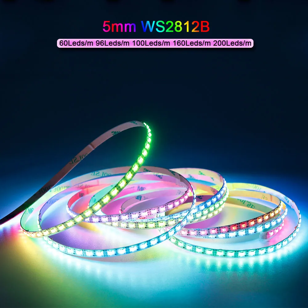 

WS2812B 5mm Ultra-Narrow LED Strip 2020SMD RGBIC WS2812 60/100/120/160/200Leds/m Individually Addressable IC Light Tape DC5V