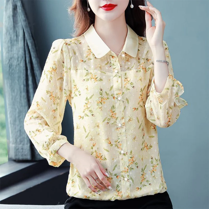 Chemise en mousseline de soie à manches longues pour dames, chemisier à simple boutonnage, haut cardigan féminin, imprimé floral élégant, mode