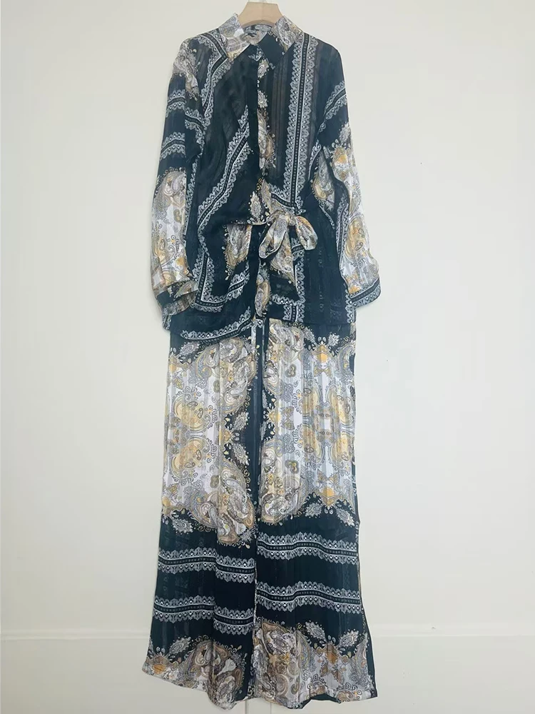 

Retro geometric printed lace up waist shirt two-piece set for spring 2025 women's clothing+loose wide leg pants fashion set