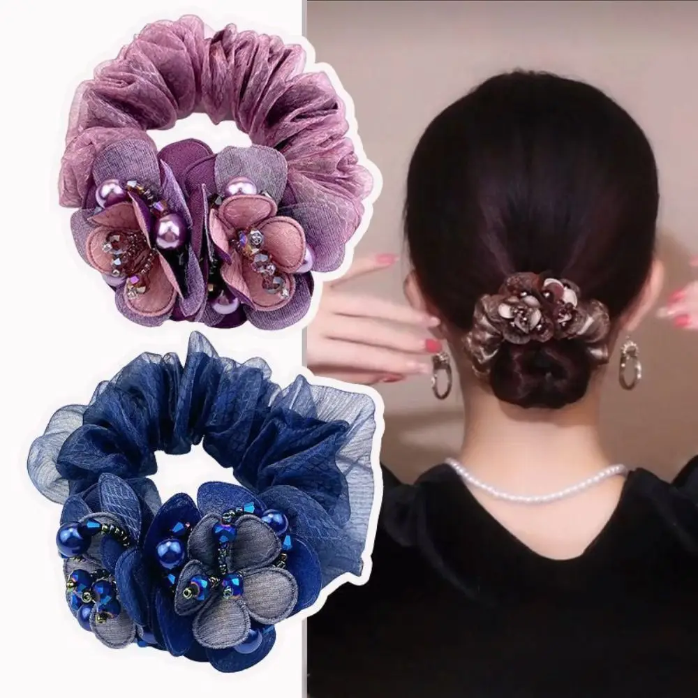 Elegant Rhinestone Flower Hair Scrunchies Double Layer Mesh Hair Ties Lace Hair Accessories Parties Daily Use