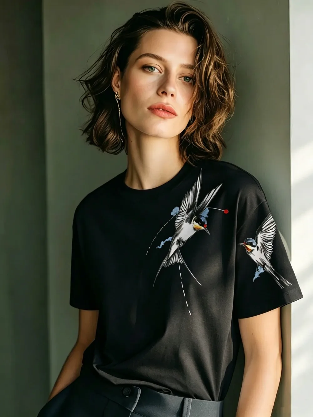 Flying Swallows Prints Baumwoll-T-Shirts für Damen, Sommer-Kurzarm-T-Shirts, O-Ausschnitt, weiche, übergroße Oberteile, einfache, bequeme Kleidung – Detail 26