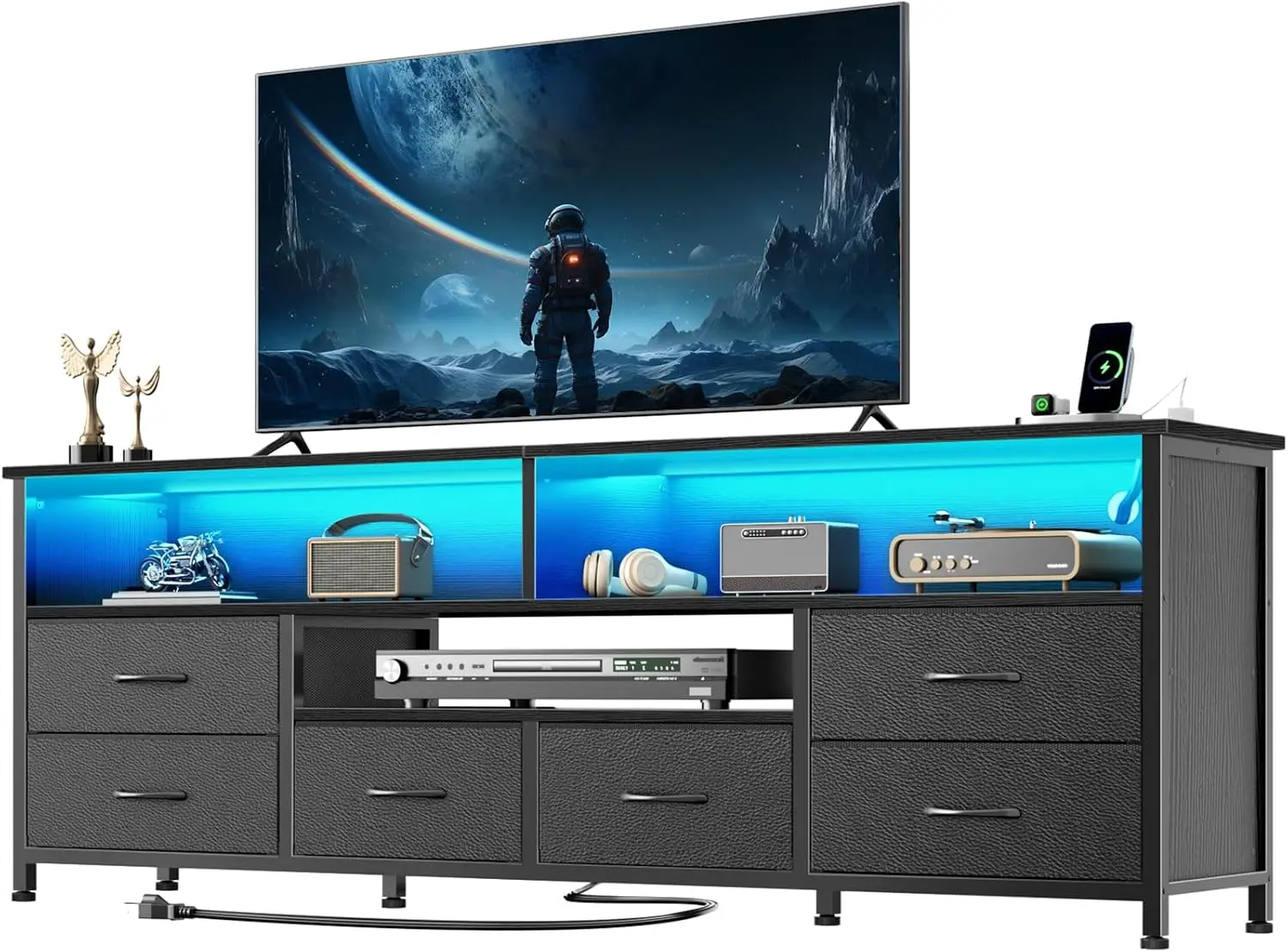 ^63 Inch Entertainment Center Dresser for Bedroom, TV Stand for 65 70 Inch TVs, 6 Drawers Dresser with Power Outlets and LED