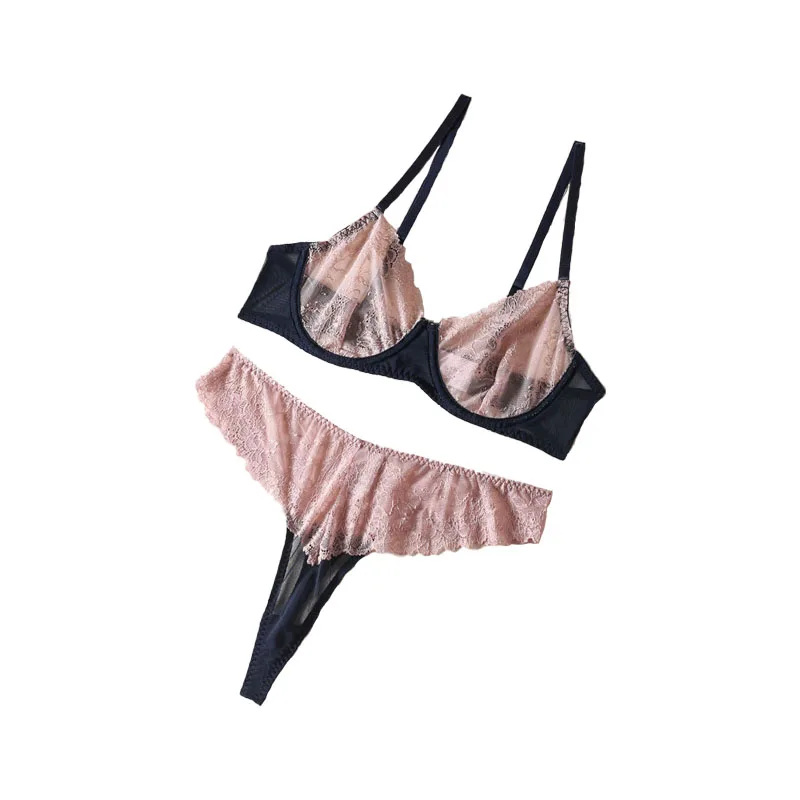 Mesh Perspective Single-layer Underwear Set Complex Strap Bra Sexy lingerie Suit Steel Ring Women Seductive Bra and Briefs 2pcs