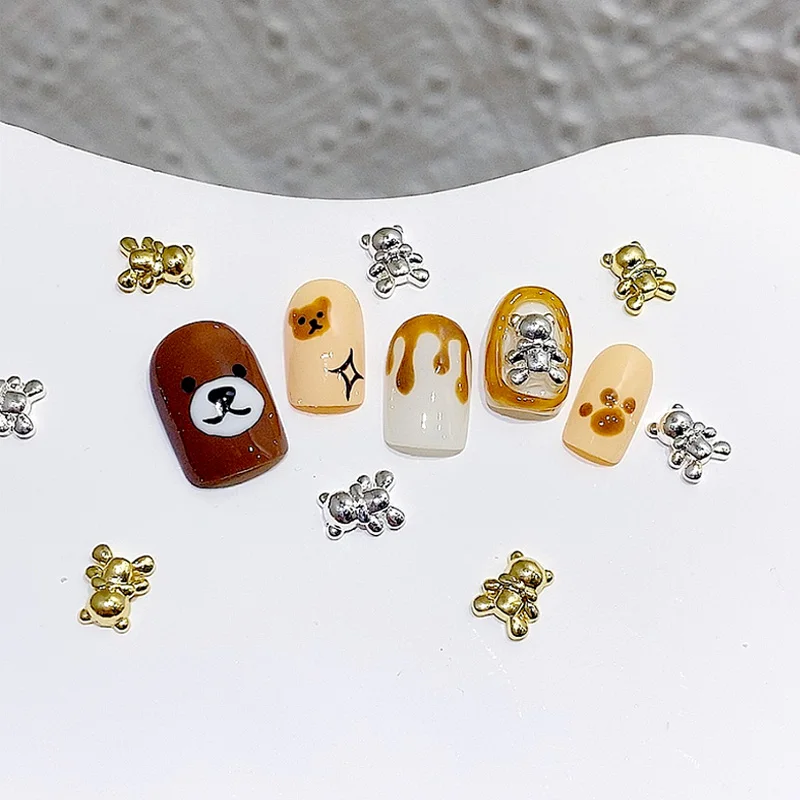 TSZS 10pcs/lot 3D Cute Cartoon INS Style Pink Silver Brown Bear Alloy Nail Art Decoration Nail Metal Charms