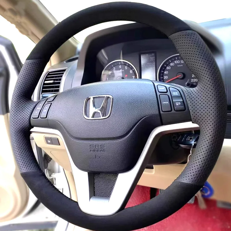 

Сшитый вручную чехол на руль автомобиля для Honda CRV CR-V 2007 2008 2009 2010 2011, замшевый и кожаный аксессуар для интерьера своими руками