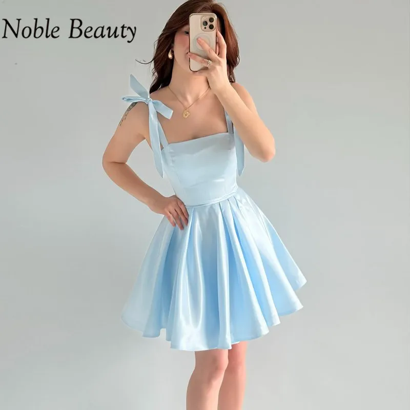 

Light Blue Short Cocktail Dresses 2025 Elegant Elastic Satin Birthday Dress Spaghetti Straps Robes de cocktail