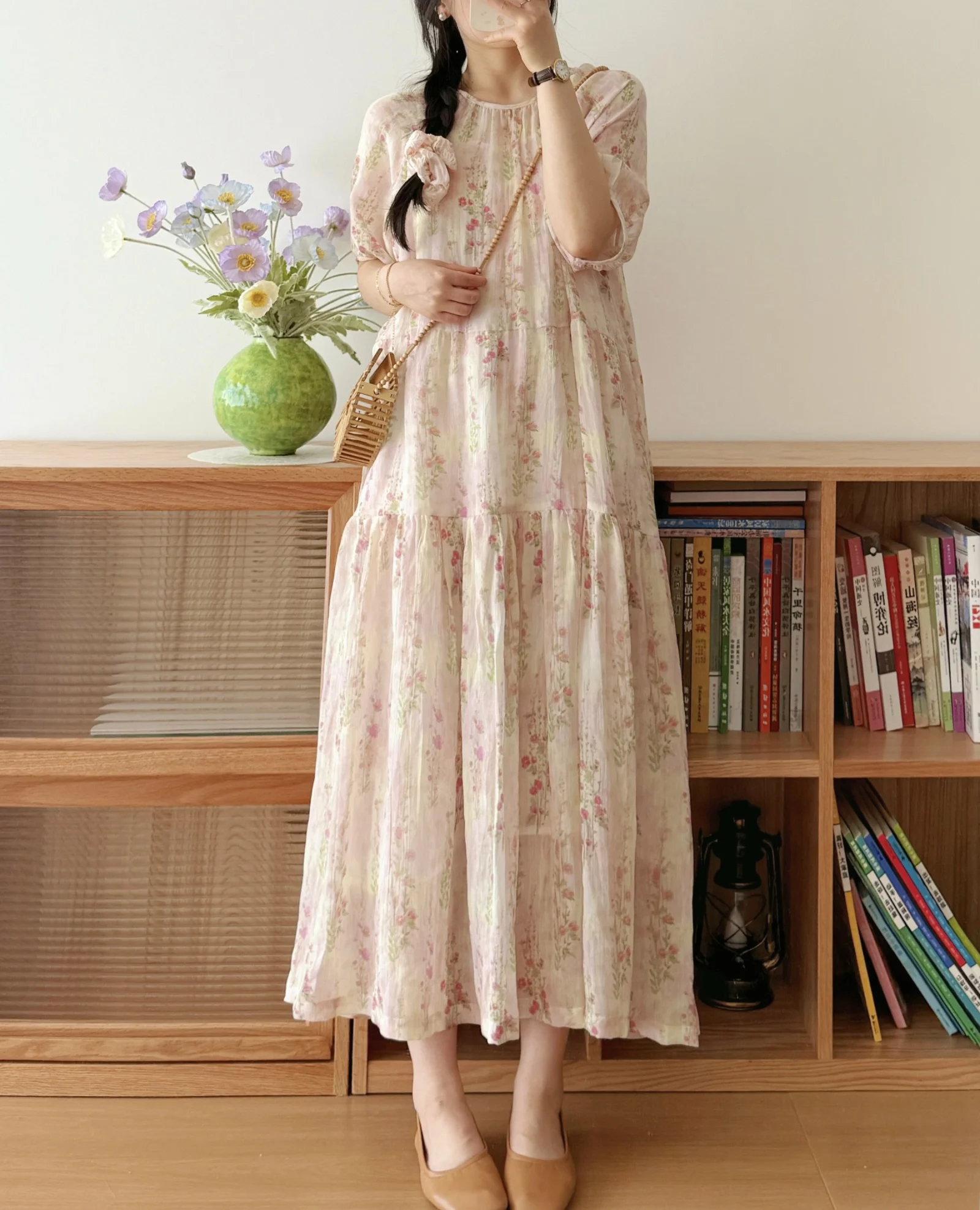 Abito estivo da donna 2025 in cotone e lino floreale Abito lungo ampio e sottile Boho Casual Beach