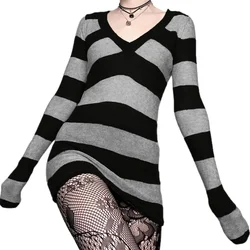 E-girl Mall Goth Emo 00s Vintage Mini Dress Y2K Grunge Striped Knitted V Neck Sweater Dress Women Autumn Spring Slim Fit Jumpers