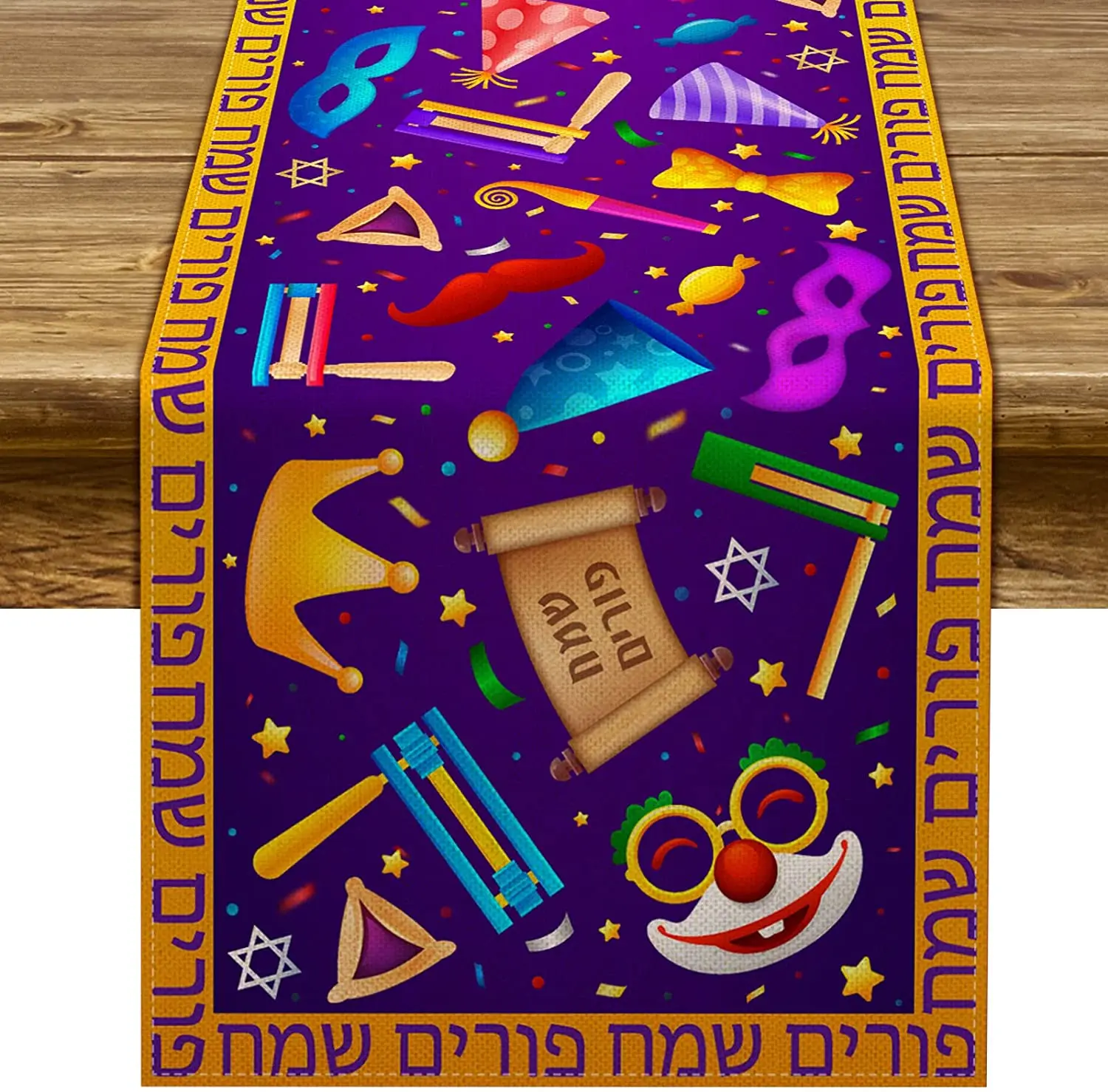 Happy Purim Table Runner Jewish Carnival Festival Holiday Decor Masque Circus Clown Table Runner Kitchen Dinning Decoration