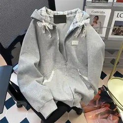 Gray plaid splicing lace  sweatshirt for women in spring and autumn, sweet and stylish, unique and unique hooded cardigan jacket