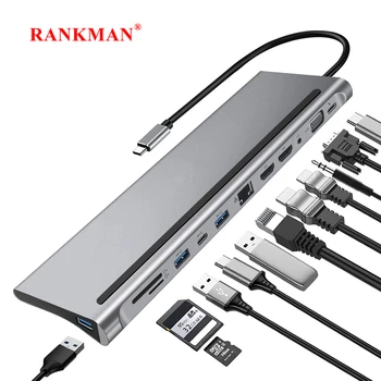 Hub USB C rangman vers RJ45 Type C 4K, Station d'accueil VGA SD TF USB 3.0 Compatible HDMI pour MacBook iPad Samsung S21 Dex TV ordinateur portable
