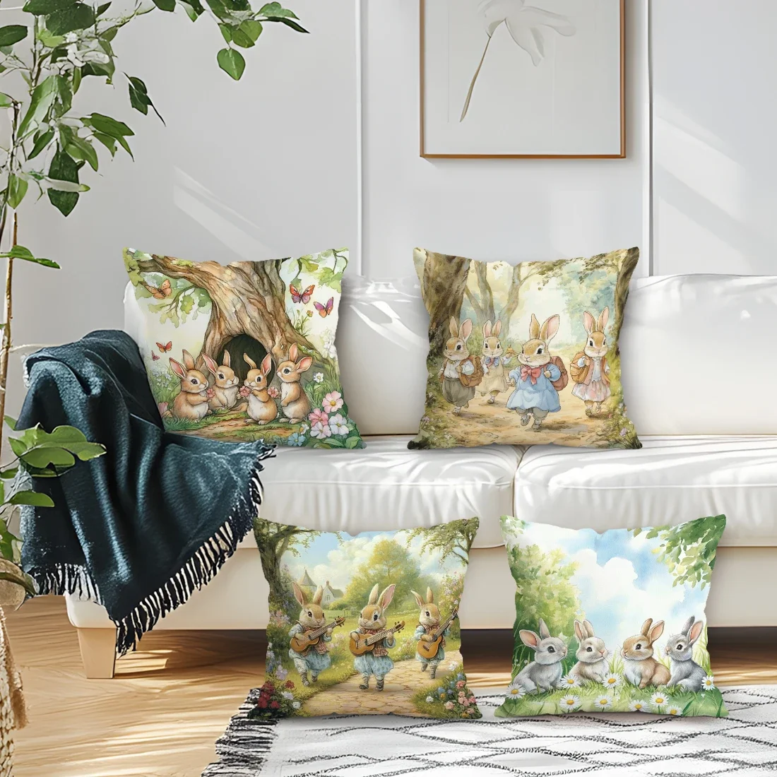 4 Pcs Rabbit Party Illustration Single-sided Printed Pillowcase For Home Living Room Bedroom Car Decoration