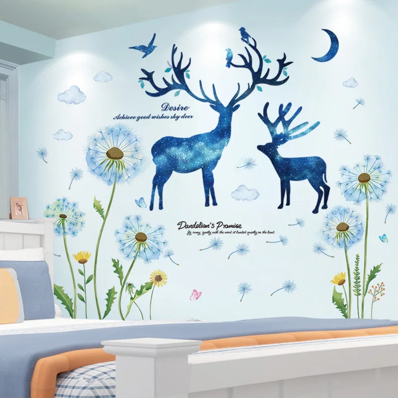 

Blue Dandelions Flowers Wall Sticker DIY Deer Animal Wall Decals for Kids Room Baby Bedroom Kindergarten Nursery Home Decoration